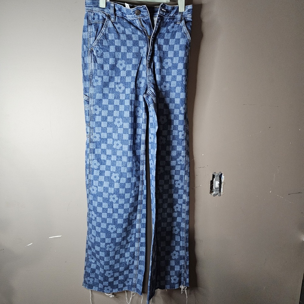 PacSun Wide-Leg Blue Denim Jeans Check Pattern Button Zip Pockets Women